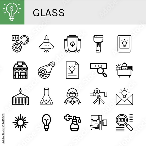 Set of glass icons such as Idea, Search, Lamp, Waste, Flashlight, Coffee shop, Flask, Light bulb, Buffet, Container, Wizard, Analysis, Mirror, Perfume, Home movie camera , glass