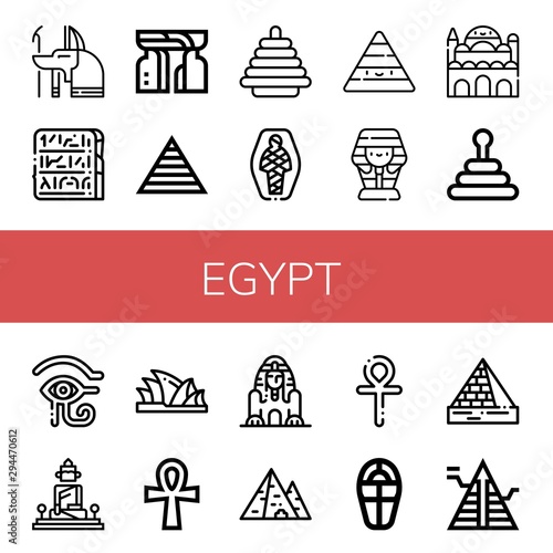 Set of egypt icons such as Anubis, Egypt, Monument, Pyramid, Mummy, Sarcophagus, Cairo citadel, Eye of ra, Great buddha of thailand, Sydney opera house, Ankh, Great sphinx giza , egypt