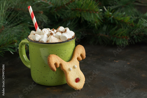 hot cocoa with marshmallow in a green Cup