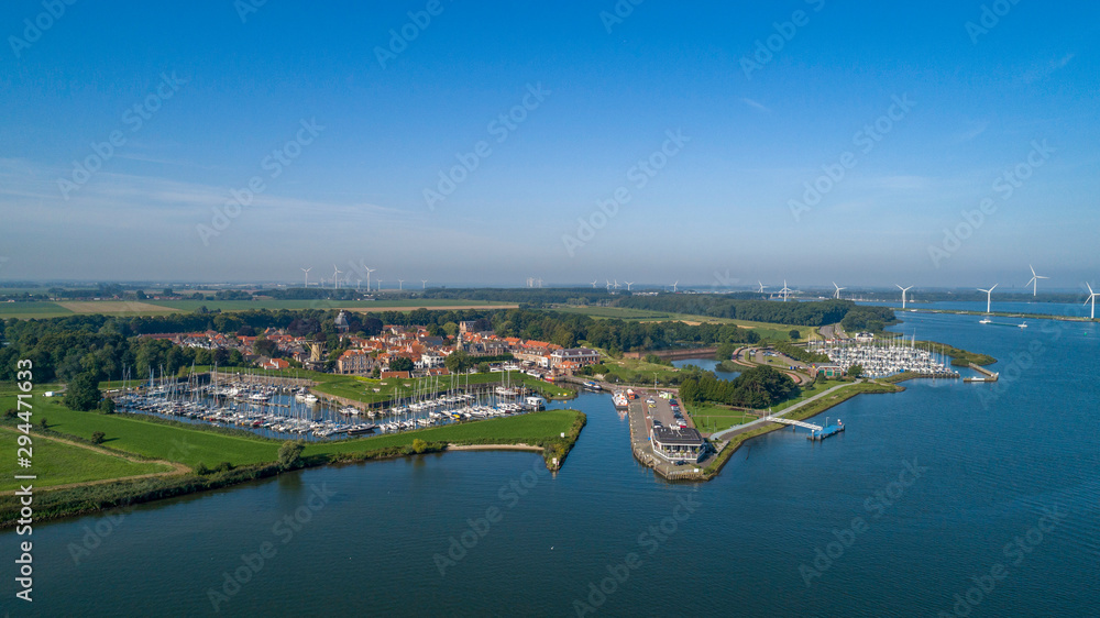 Aerial view of the fortified city of Willemstad, Moerdijk in the Province of Noord-Brabant, Netherlands. Star fortifications were developed in the late fifteenth centuries