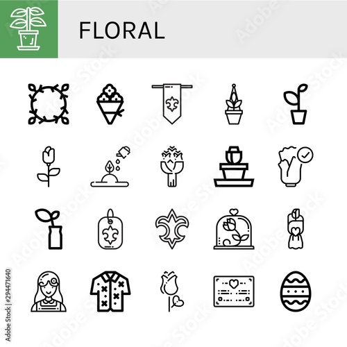 Set of floral icons such as Plant, Floral design, Flower bouquet, Fleur de lis, Rose, Roses, Flower pot, Natural, Bouquet, Florist, Hawaiian, Wedding certificate, Easter egg , floral