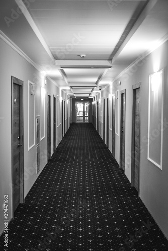 Corridor pathway in modern building. Black and white