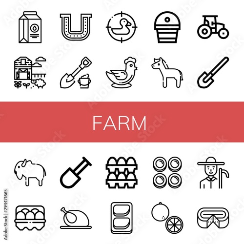 Set of farm icons such as Milk, Sheep farm, Horseshoe, Shovel, Duck, Chicken, Fertilizer, Horse, Tractor, Bison, Egg, Eggs, Chicken breast, Curd, Orange, Farmer, Cheese , farm