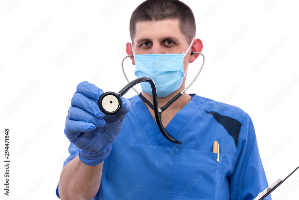 young doctor in blue uniform isolated on white background. medical concept young doctor in blue uniform isolated on white background. medical concept