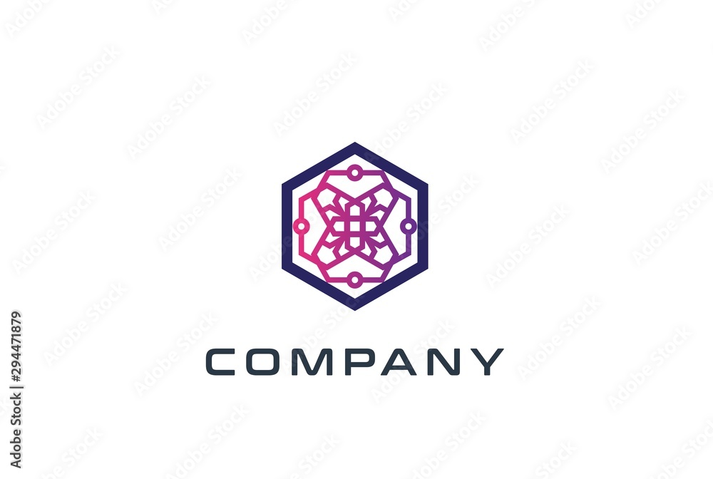 Fototapeta premium Abstract geometric hexagon technology logo design vector template with network connection line