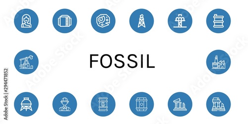 Set of fossil icons such as Troglodyte, Storage tank, Fossil, Pumpjack, Drop tower, Barrel, Archaeologist, Oil barrel, Ruins, Ruined, Coal factory , fossil