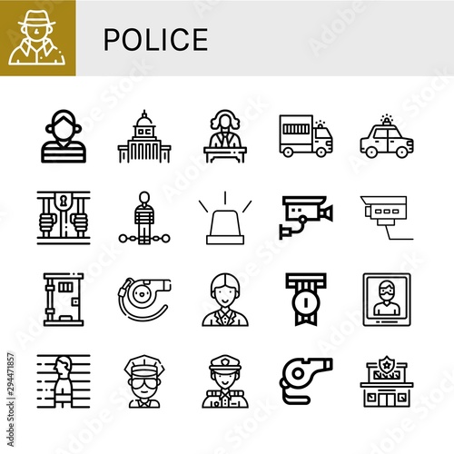 Set of police icons such as Detective, Prisoner, Government, Judge, Prisoner transport vehicle, Police car, Prison, Suspect, Emergency, Cctv, Security camera, Whistle , police