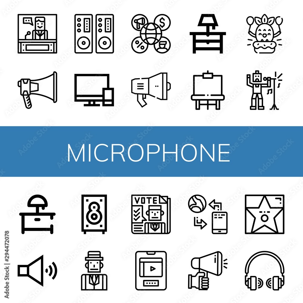 Fototapeta Set of microphone icons such as News, Megaphone, Loudspeaker, Televisions, Night stand, Easel, Birthday, Singer, Speaker, Journalist, Newspaper, Entertainment, Communication , microphone