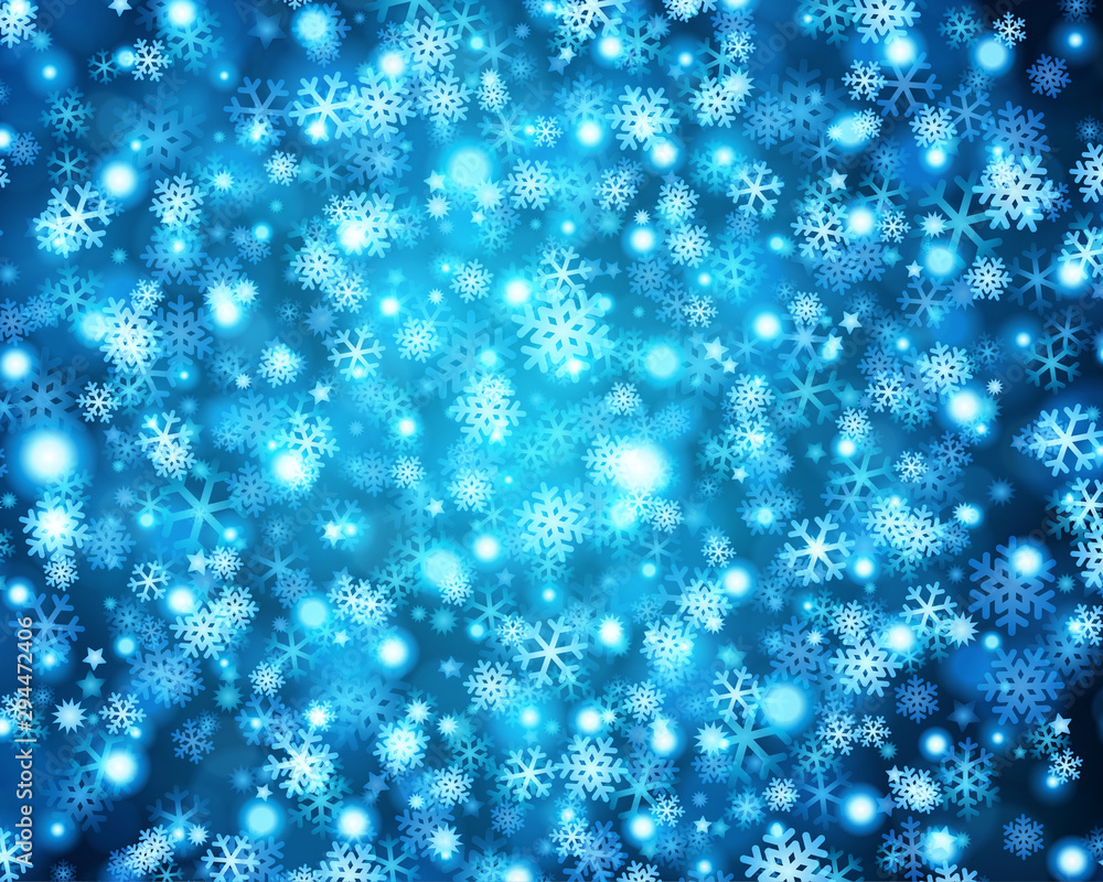 Christmas blue glitter lights background of bright glow snowflakes and place for text vector illustration