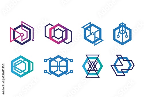 Abstract geometric hexagon technology logo design vector template collection set