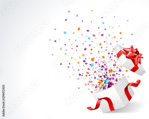 Gift box prize with surpise colorful stars and confetti explosion on white background with place for text vector illustration
