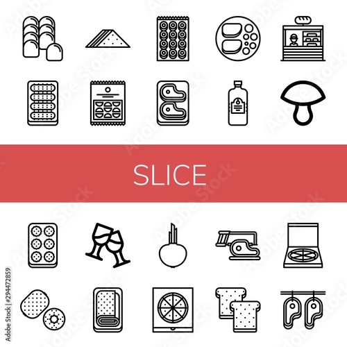 Set of slice icons such as Bread, Cucumber, Sandwich, Crisps, Bagel, Steak, Chicken breast, Juice, Bakery, Mushroom, Meatball, Kiwi, Toast, Meatloaf, Onion, Pizza box , slice