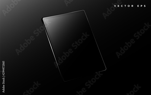 Realistic vector black tablet pc mockup template with blank screen on dark black background.