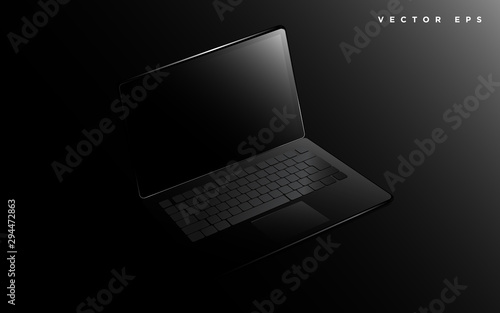 Realistic vector black laptop computer mockup template with blank screen on dark black background.