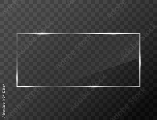 Rectangular glass banner. Template. Gloss rectangle reflection 3d realistic texture. Clear window on transparent display background vector frame. Mockup frame. Vector illustration 