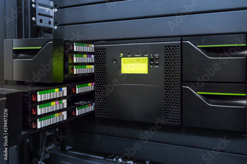 streamer, tape library for data backup in the server rack in the datacenter