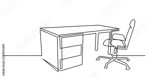 continuous line drawing of office desk and chair