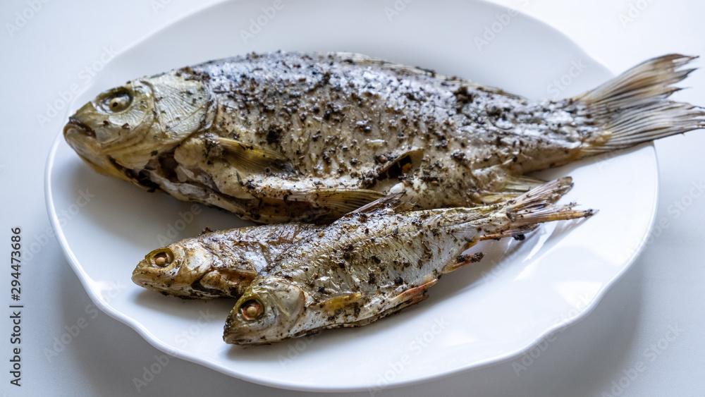 Fried river fish on white plate. Delicious grilled carp, isolated on white. Grilled Foods Fried river fish on white plate. Delicious grilled carp, isolated on white. Grilled Foods