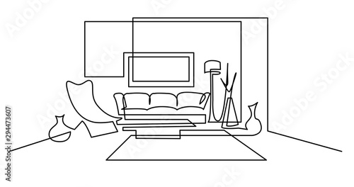 continuous line drawing of spacious living room area with furniture