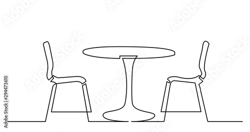 continuous line drawing of street cafe table with chairs
