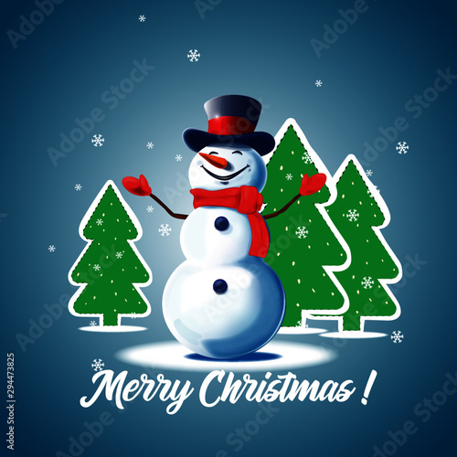  Snowman with a scarf and a hat.  Snowman on a blue background. Christmas card. Vector snowman with the words Merry Christmas.