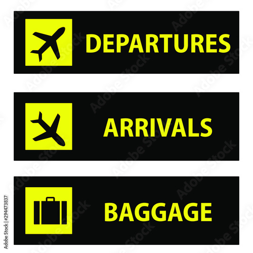 Departure and arrival, baggage and luggage  Icon or sign pointers for navigation in airport, professional graphic vector illustration optimized for large anв small size. isolated on white background.