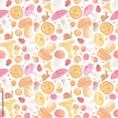 Lovely autumn childish seamless pattern with mushrooms  woods  beetles and snail. Can be used on packaging paper  fabric  background and etc.