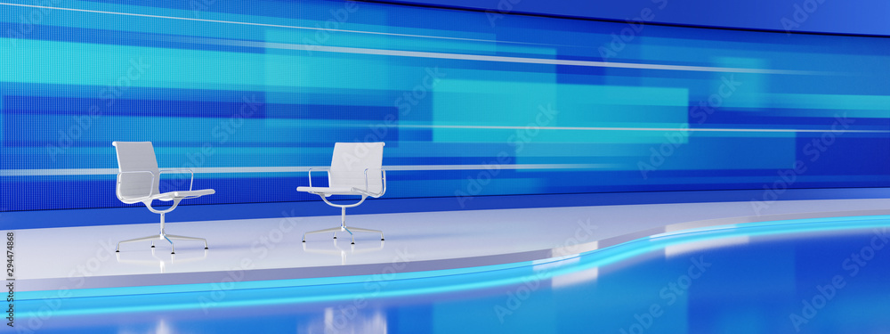 Two white, empty chairs in the modern tv studio with the wide screen. 3D render illustration. Two white, empty chairs in the modern tv studio with the wide screen. 3D render illustration.