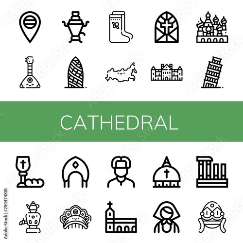 Set of cathedral icons such as Russia, Balalaika, Samovar, Gherkin, Valenki, Stained glass window, Palace, Cathedral of saint basil, Leaning tower of pisa, Communion , cathedral