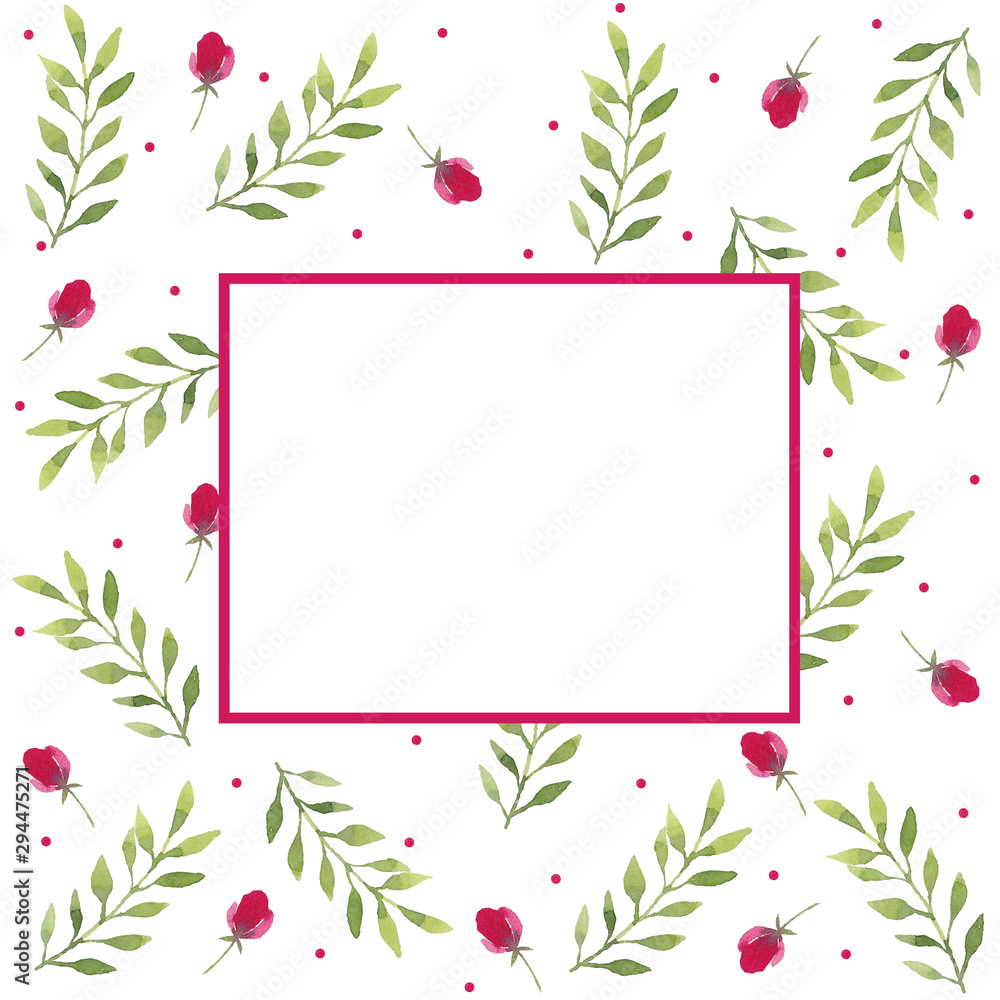 Square frame on a white background with pink flowers and green leaves. Use for invitations, greetings, birthdays and weddings. Square frame on a white background with pink flowers and green leaves. Use for invitations, greetings, birthdays and weddings.