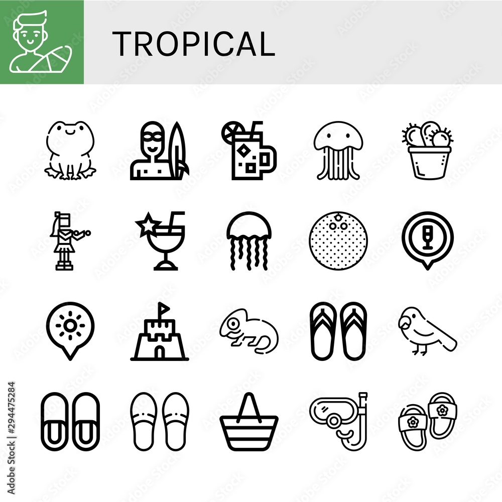 Set of tropical icons such as Surfer, Frog, Cocktail, Jellyfish, Cactus, Hula, Coconut, Holidays, Sand castle, Chameleon, Flip flops, Parrot, Slippers, Beach bag, Snorkel , tropical Set of tropical icons such as Surfer, Frog, Cocktail, Jellyfish, Cactus, Hula, Coconut, Holidays, Sand castle, Chameleon, Flip flops, Parrot, Slippers, Beach bag, Snorkel , tropical