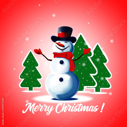 Snowman with a scarf and a hat. Snowman on a red background. Christmas card. Vector snowman with the words Merry Christmas.