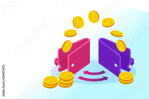 Isometric technology online banking money transfer, e-commerce concept. Mobile payments, mobile banking.