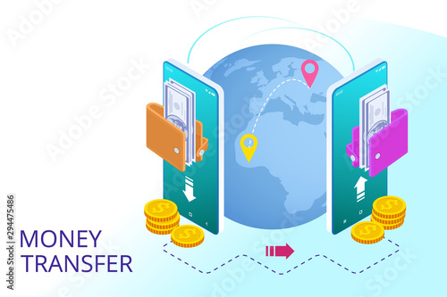 Isometric technology online banking money transfer, e-commerce concept. Mobile payments, mobile banking.