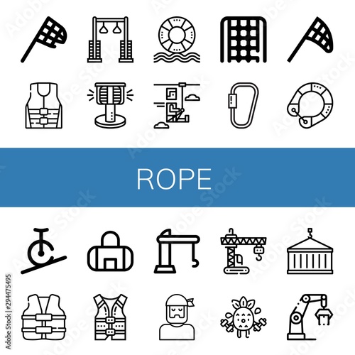 Set of rope icons such as Butterfly net, Life jacket, Pulley, Bollard, Life saver, Zip line, Rope ladder, Carabiner, Rope biking, Life vest, Gym bag, Crane, Sailor, Exercise ,