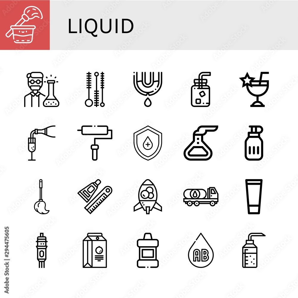 Set of liquid icons such as Cleaning, Chemist, Cleaning brush, Leak, Cold  water, Cocktail, Champagne, Roller, Drop, Flask, Water bottle, Mop, Glue, Lava  lamp, Oil truck , liquid Stock Vector | Adobe Stock