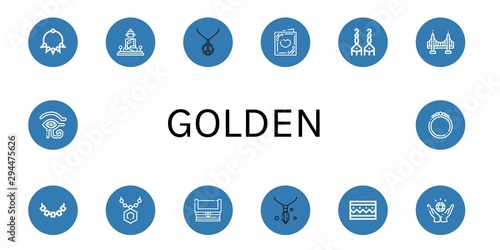 Set of golden icons such as Necklace, Great buddha of thailand, Wedding card, Earrings, Golden gate, Pendant, Treasure, Bracelet, Jewelry, Eye of ra , golden