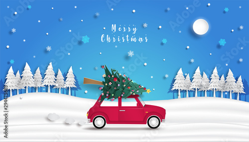 Winter snow. and urban countryside. and the nature of the forest during the cold season.and christmas tree is on the red car.and the design of origami or paper cutting. and used as background.