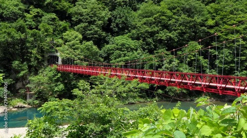 View of Dakigaeri Gorge or Dakigaeri Valley in Akita Prefecture, Japan, Asia. Popular Japanese tourist spot and travel destination with supsension bridge, forest, trees, river with crystal clear water photo