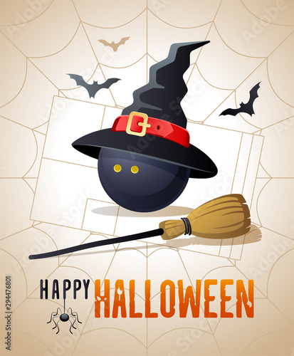 Happy Halloween. Sports greeting card. Squash ball with witches hat and broom on the background of the squash court as a spiders web. Vector illustration.