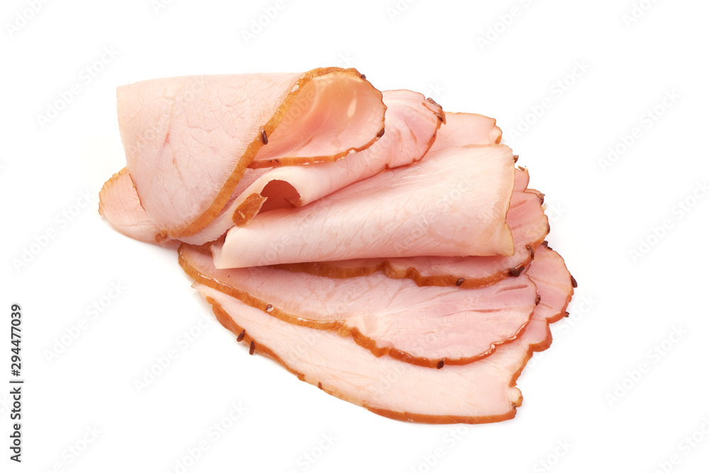Smoked pork loin slices, isolated on white background Smoked pork loin slices, isolated on white background