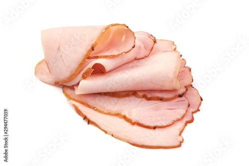 Smoked pork loin slices, isolated on white background