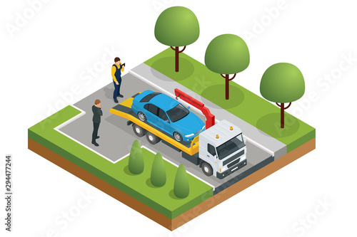 Isometric Tow truck, roadside assistance . Tow truck for transportation faults and emergency cars. The tow truck picks up the car on the penalty area.