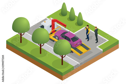 Isometric Tow truck, roadside assistance . Tow truck for transportation faults and emergency cars. The tow truck picks up the car on the penalty area.