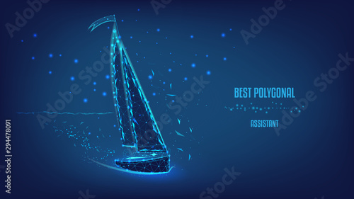 Sailboat. Illustration of a ship made of polygons and points.Dream concept or Concept of business trip, travel or tourism. Background of beautiful dark blue night sky. Low poly.