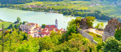 Quadro su tela Scenic aerial view of Durnstein Village, Wachau Valley of Danube River, Austria