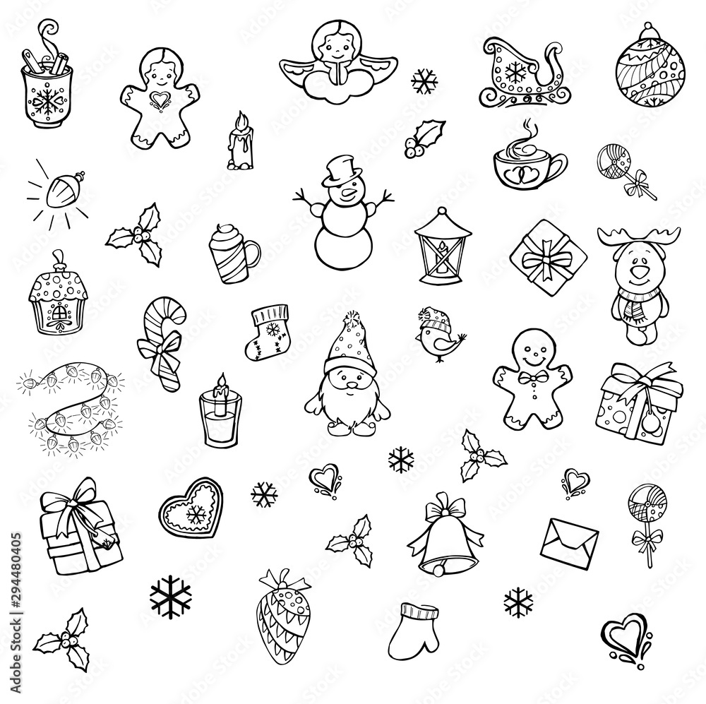 Big set of New Year and Xmas icons. Cute hand drawn vector illustration. Winter elements for greeting cards, posters, stickers and seasonal design. Isolated on white background