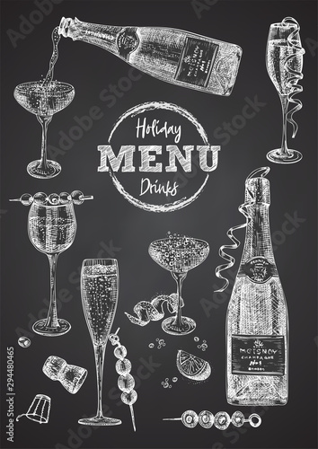 Cocktail bar menu design template set in retro style Isolated on on black chalckboard background. Hand drawn glass and bottle champagne. Vintage wine card. Alcohol beverage symbol.
