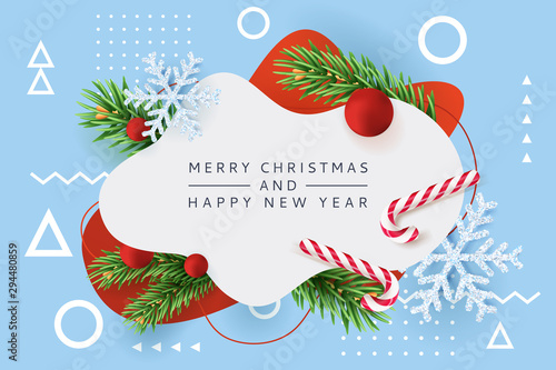 Merry Christmas, Happy New Year poster, banner holiday design. Vector illustration of fir branches and snowflakes