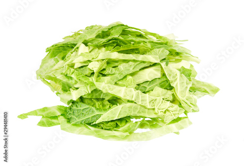 Chopped savoy cabbage isolated on white background.
